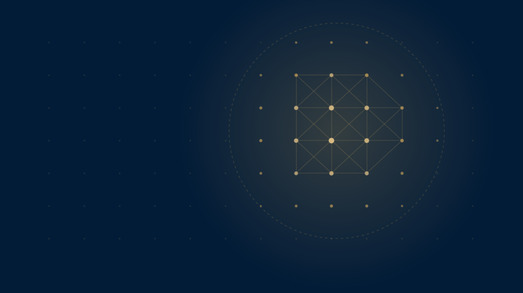 Composición gráfica: campo de puntos con un núcleo dorado conectado sobre fondo azul noche