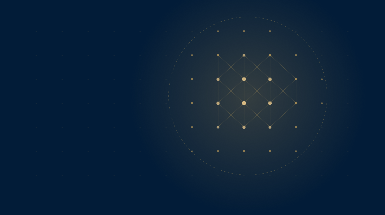 Composición gráfica: campo de puntos con un núcleo dorado conectado sobre fondo azul noche